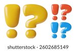 Question mark and exclamation point 3d yellow red and blue vector icons. Yellow, red and blue cartoon punctuation marks. 