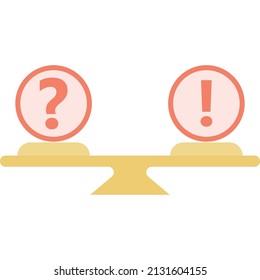 Question mark and exclamation point balance on libra icon. Flat vector alternative truth and business decision sign