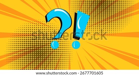 Question mark and exclamation point, blue signs on yellow comic banner in pop art style. Vector 