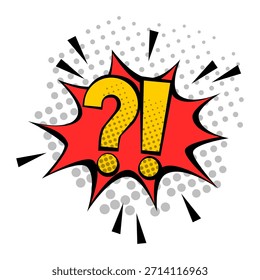 Signo de interrogación y signo de exclamación estilo de cómic. Mensaje de atención de Antiguas. Cartel retro peligroso.