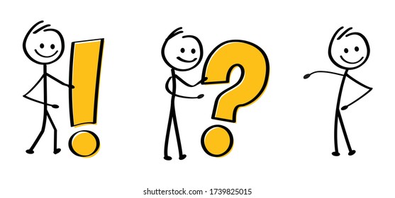 Question mark, exclamation mark point Happy stickman. Comic stick figures man, woman Vector character sorry draw emotions. Drawing cartoon person Thinking or thing big idea. Solution problem.