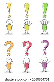 Question mark and exclamation point icons with hand drawn stickmen - big collection. Vector.