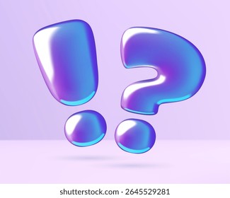 Question mark and exclamation point purple holographic 3d icon. Realistic metallic punctuation symbols vector illustration.