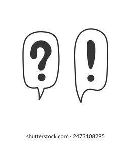 Question Mark Exclamation Point Speech Bubble Doodle. Hand drawn comic balloons with symbols. Outline vector illustration.