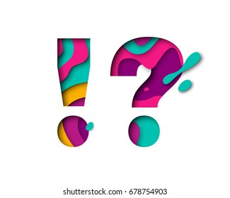 Question mark and exclamation punctuation point. 3d letters with paper cut texture effect and color multi layers