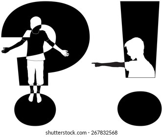 question mark and exclamation mark with silhouette of boy, isolated illustration