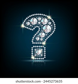 Question Mark (?), figure made of precious stones and diamonds. Jewelry with bright highlights. Realistic illustration. On a dark background. Vector.