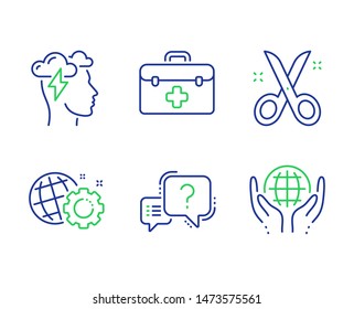 Question mark, First aid and Seo gear line icons set. Scissors, Mindfulness stress and Organic tested signs. Quiz chat, Medicine kit, Web settings. Cutting tool. Science set. Vector