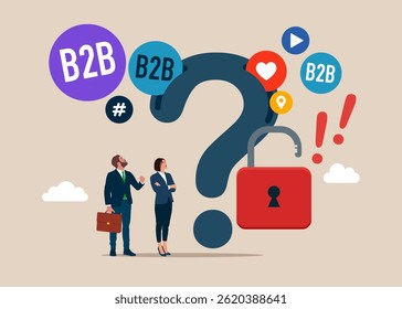 From the question mark fly out many speech bubble. Lot of questions. B2B marketing. Unlock exclamation mark, problem solving. Social media network ads and internet. Flat vector illustration. 