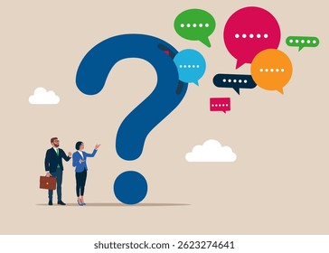 From the question mark fly out many speech bubbles. Lot of questions.  FAQ concept. Flat vector illustration.