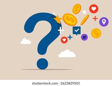 From the question mark fly out many donation and charity with coin, moneys. Flat vector illustration