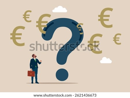 From the question mark fly out many euro signs.  Long term investment return, retirement pension fund. Currency. Modern vector illustration in flat style