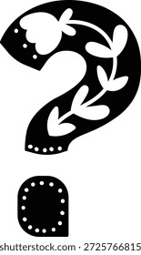 Ponto de interrogação com ornamento de folha folclórica e ponto terminal pontilhado no visual artesanal nórdico. Conceito de curiosidade, indagação, problema e enigma para a educação e FAQ. Ilustração de vetor de desenhos animados.