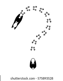 Question Mark, Formed By Cute Abstract Rabbits And Footprints. Vector Bunny Footprint. View From Above Vector Illustration, Black Outlined Animal Silhouettes And Paw Prints On White Background.