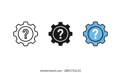 Question mark gear cogwheel icons in linear solid and color designs with cogwheel question technology