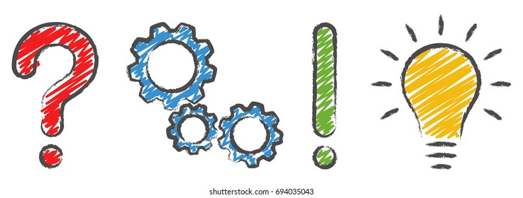 question mark, gear wheels, exclamation mark and light bulb concept icons symbolizing questioning, analysis, planning and idea