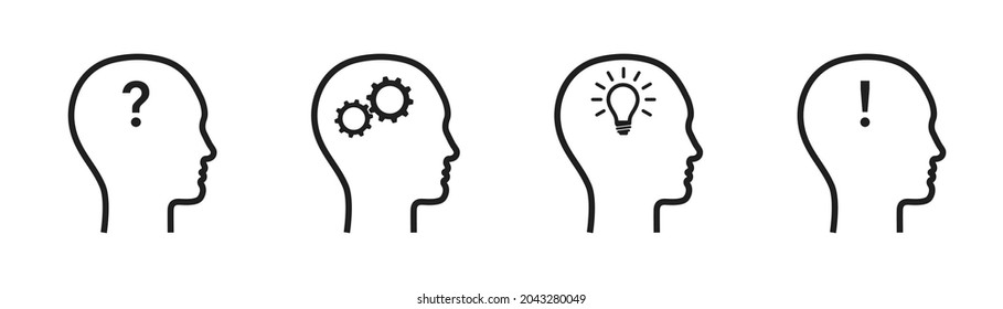 Question mark, gears, light bulb, exclamation mark in human head silhouettes. Progress, brainstorming, business icons set.