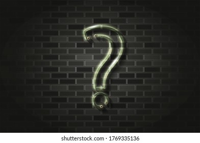Question mark glowing neon sign or glass tube. Realistic vector illustration. Black brick wall, soft shadow.