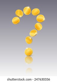 Question mark of gold coins on mirrored background