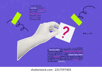 Question mark, halftone collage. A woman's hand holds a survey sheet with a red sign. Contemporary art of cut out elements from a magazine for advertising design, banner. Visual theme accent. Vector.