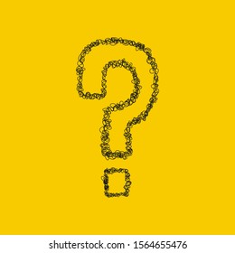 Question mark hand drawn doodle icon. Quiz symbol insane tangled scribble. FAQ sign on yellow background. Vector illustration.