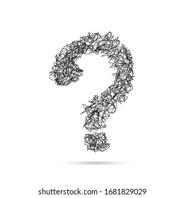 Question mark hand drawn doodle icon. Quiz symbol insane tangled scribble. FAQ sign on white background. Vector illustration.