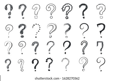 Question mark. Hand drawn signs interrogation, scribble symbols. Cartoon sketch style interrogation to ask questions drawn with a pen and marker, doodle. Vector illustration EPS 10