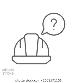 Ícone Hard Hat De Ponto De Interrogação. Vetor de estilo de estrutura de tópicos. Traço editável. Escassez de Mão de Obra, Confusão da Força de Trabalho da Construção, Crise de Contratação, Lacuna no Emprego e Símbolo de Trabalhador Desaparecido no Setor Industrial.