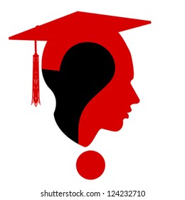Question mark head with graduation cap icon isolated on white, vector
