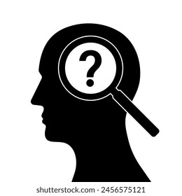 Question Mark in Human Head with  Magnifying Glass. Question and Answer, Brainstorm or Business Solution Concept. Vector Illustration. 