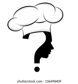 Question mark human head with master chef cooker cap symbol, vector