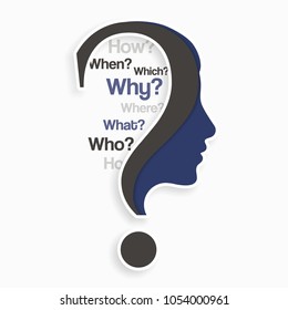 Question mark with human head and lot of questions. Education and innovation concept. Vector.