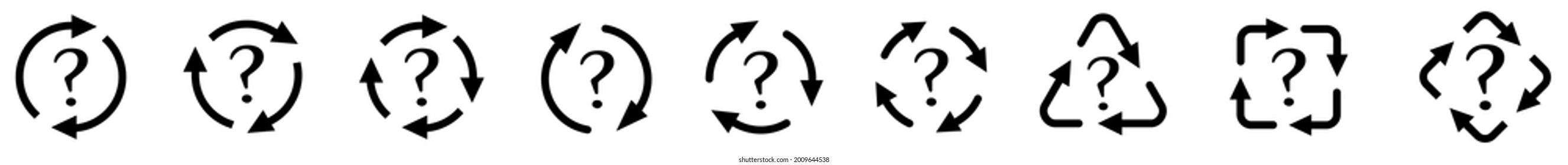 Question mark icon in arrows forming cycle, two three and four arrow version. Unknown change or loop concept