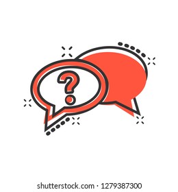 Question mark icon in comic style. Discussion speech bubble vector cartoon illustration pictogram. Question business concept splash effect.