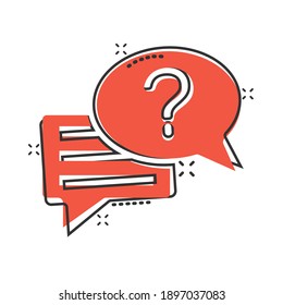 Question mark icon in comic style. Discussion speech bubble cartoon vector illustration on white isolated background. Faq splash effect business concept.