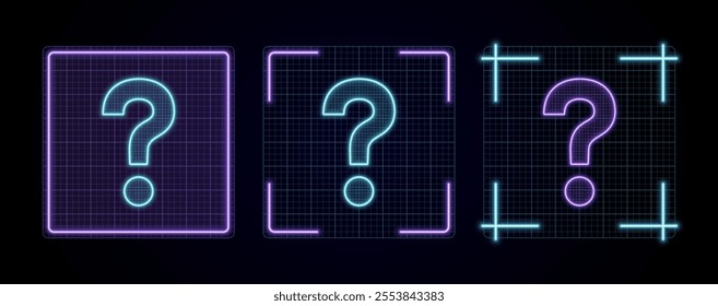 Question mark icon illustration, cyber neon visual, glowing border grid vector.