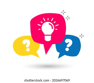 Question mark icon and lamp in color speech bubble. Concept of dialogue and finding a solution to the problem. Vector illustration, 