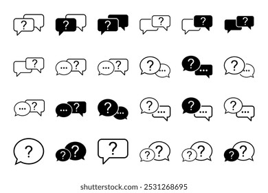 Conjunto de iconos de signo de interrogación. Icono de pregunta de burbuja, símbolo de preguntas frecuentes sobre un fondo blanco y negro. 