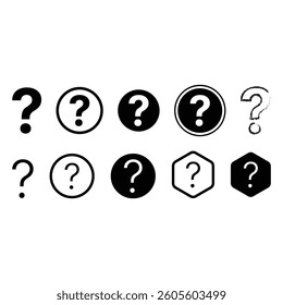 Question mark icon set. Enquire, ask, information, FAQ sign into outlined, flat different shaped black vector illustration.
