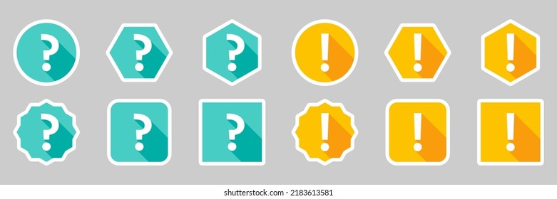 Question mark Icon Set, FAQ sign, Help symbol. Exclamation mark Icon Set, Attention sign, Caution icon, Hazard warning symbol. Light blue and Yellow style. White stroke and shadow design.
