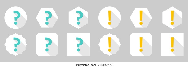 Fragezeichen Symbol Set, FAQ-Zeichen, Hilfesymbol. Ausrufezeichen Icon Set, Aufmerksamkeitszeichen, Vorsicht Symbol, Gefahrenwarnsymbol. Hellblauer und gelber Stil.