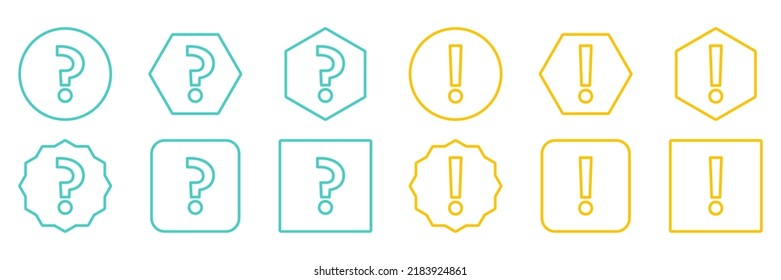 Question mark Icon Set, FAQ sign, Help symbol. Exclamation mark Icon Set, Attention sign, Caution icon, Hazard warning symbol. Light blue and Yellow style.