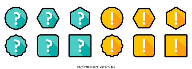 Question mark Icon Set, FAQ sign, Help symbol. Exclamation mark Icon Set, Attention sign, Caution icon, Hazard warning symbol. Light blue and Yellow style. Black stroke and shadow design.