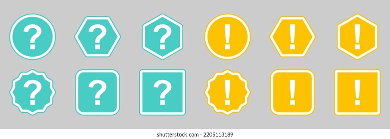 Question mark Icon Set, FAQ sign, Help symbol. Exclamation mark Icon Set, Attention sign, Caution icon, Hazard warning symbol. Light blue and Yellow style.