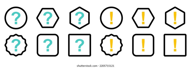 Marcador de pregunta Conjunto de iconos, signo de preguntas frecuentes, símbolo de ayuda. Marca de exclamación Juego de iconos, signo de atención, icono de precaución, símbolo de advertencia de peligro. Azul claro y amarillo.