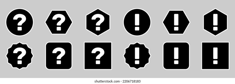 Question mark Icon Set, FAQ sign, Help symbol. Exclamation mark Icon Set, Attention sign, Caution icon, Hazard warning symbol. White outline design.