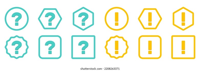 Question mark Icon Set, FAQ sign, Help symbol. Exclamation mark Icon Set, Attention sign, Caution icon, Hazard warning symbol. Light blue and Yellow style.