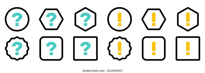 Question mark Icon Set, FAQ sign, Help symbol. Exclamation mark Icon Set, Attention sign, Caution icon, Hazard warning symbol. Light blue and Yellow style.