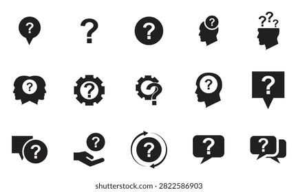 Question Mark Icon Set, FAQ Help Support and Information Symbols Collection, Inquiry, Problem Solving, Customer Service, Chat Bubble, Human Head, Speech Bubble and Assistance Vector Icons. 
