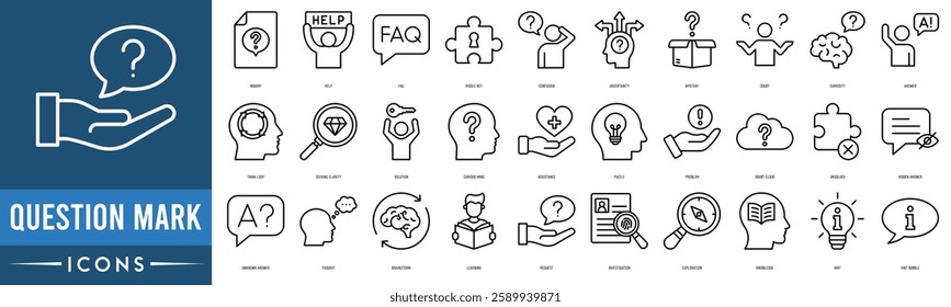 Question mark icon set. Inquiry, Help, FAQ, Riddle Key, Confusion, Uncertainty, Mystery, Doubt, Curiosity and Answer